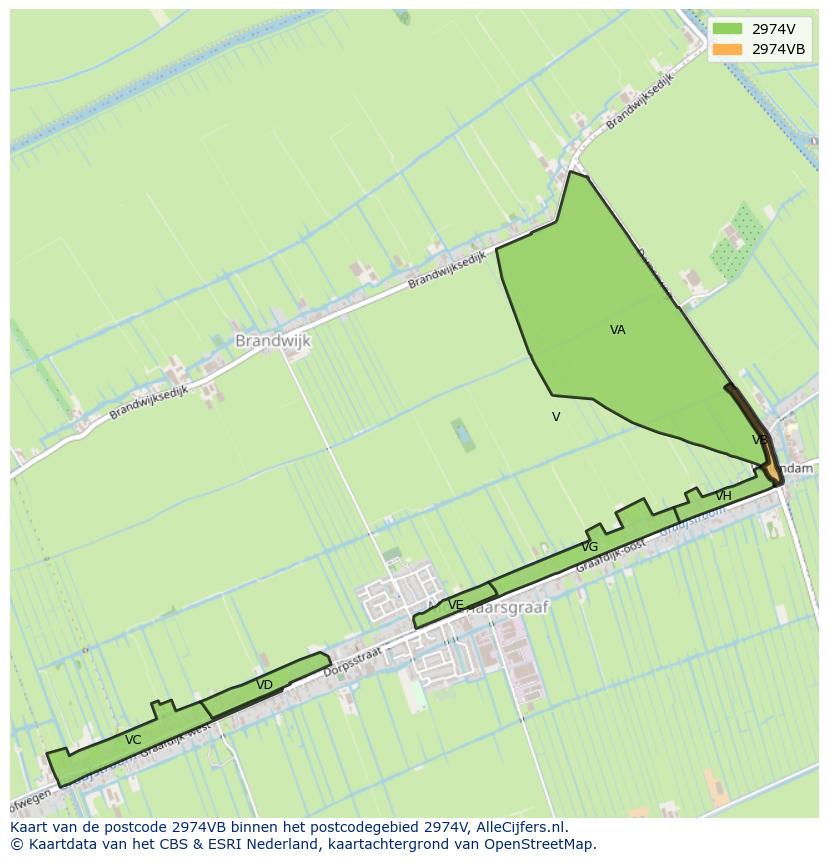 Afbeelding van het postcodegebied 2974 VB op de kaart.