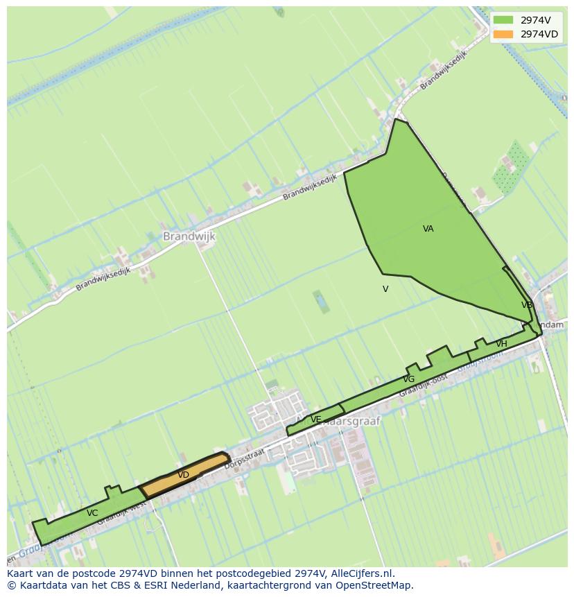 Afbeelding van het postcodegebied 2974 VD op de kaart.
