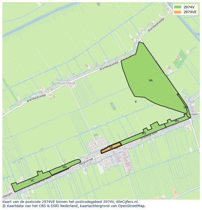 Afbeelding van het postcodegebied 2974 VE op de kaart.