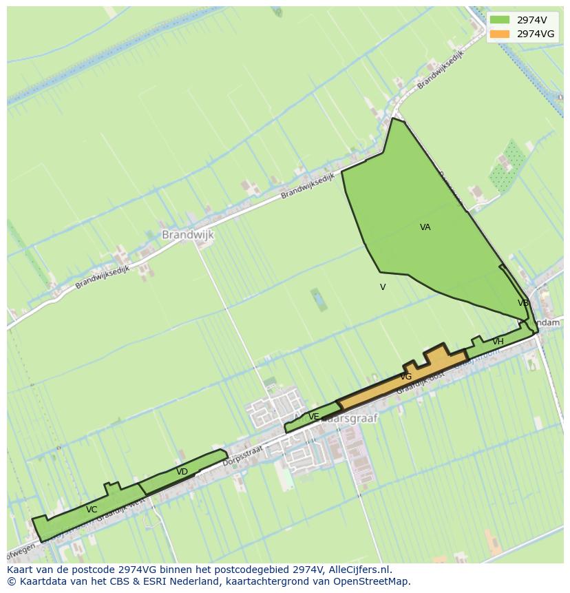 Afbeelding van het postcodegebied 2974 VG op de kaart.