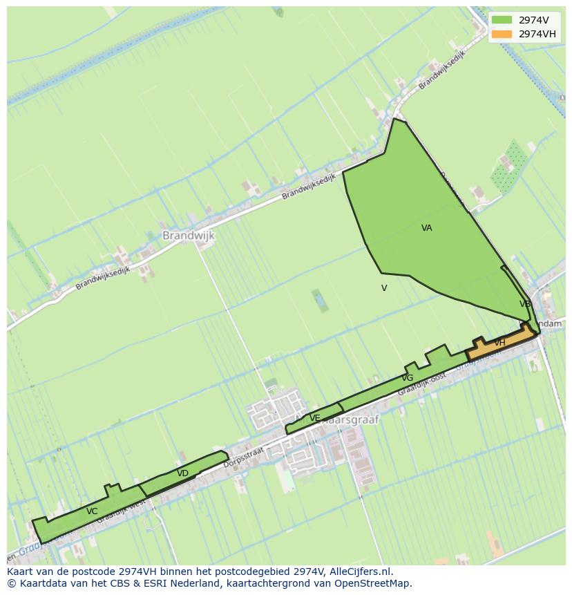 Afbeelding van het postcodegebied 2974 VH op de kaart.