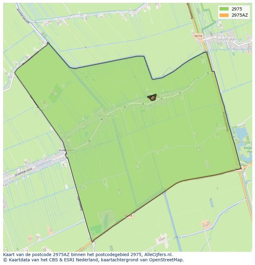Afbeelding van het postcodegebied 2975 AZ op de kaart.