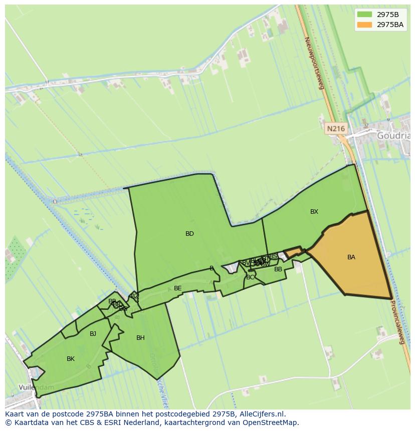 Afbeelding van het postcodegebied 2975 BA op de kaart.