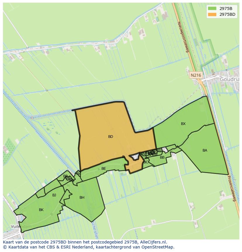 Afbeelding van het postcodegebied 2975 BD op de kaart.
