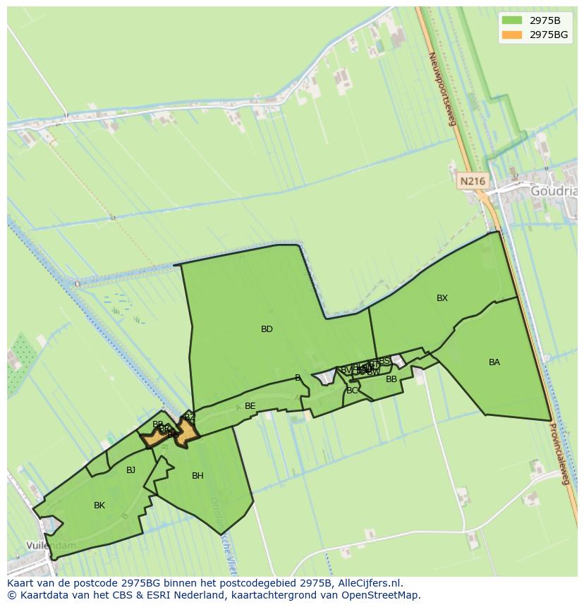 Afbeelding van het postcodegebied 2975 BG op de kaart.