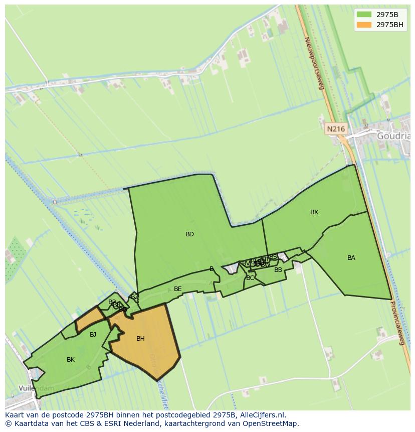 Afbeelding van het postcodegebied 2975 BH op de kaart.
