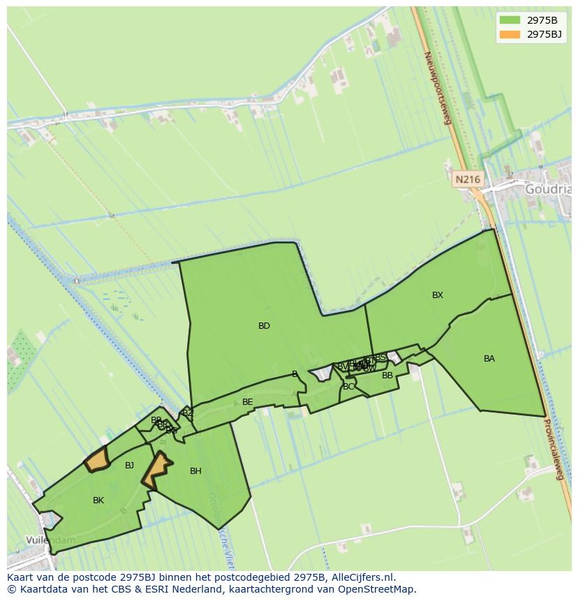 Afbeelding van het postcodegebied 2975 BJ op de kaart.
