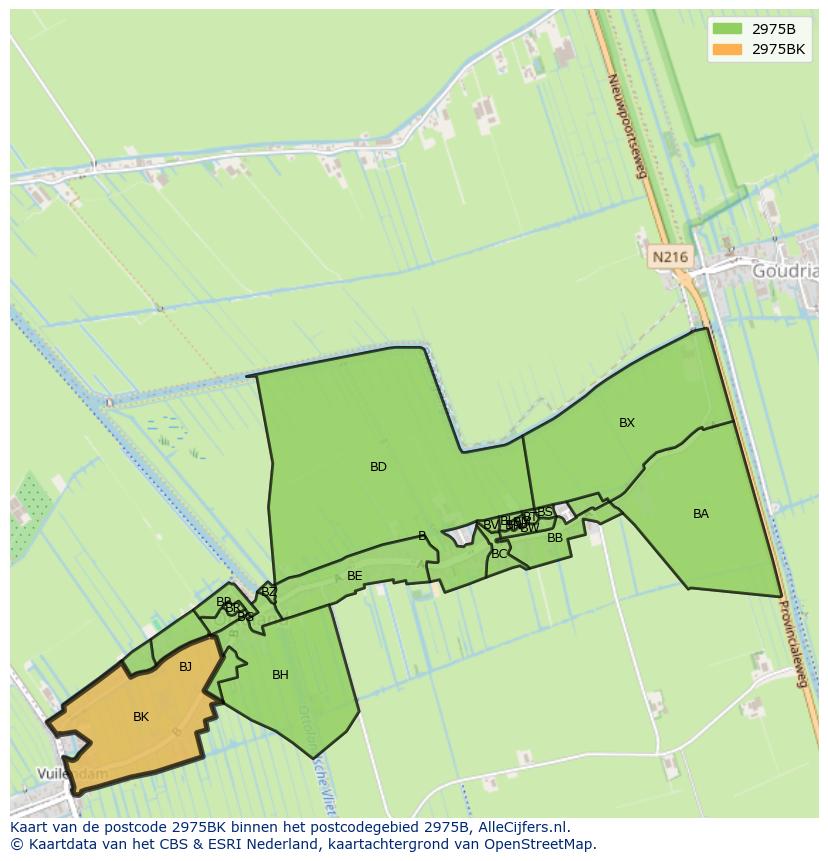 Afbeelding van het postcodegebied 2975 BK op de kaart.