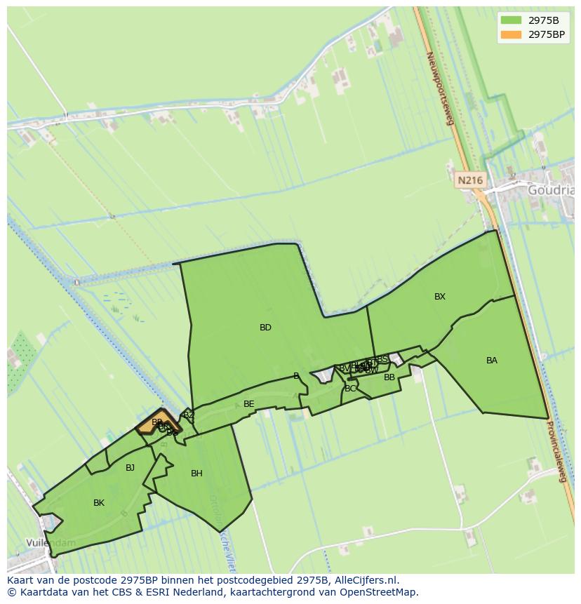Afbeelding van het postcodegebied 2975 BP op de kaart.