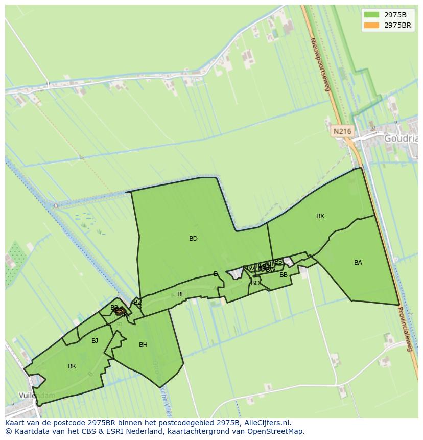 Afbeelding van het postcodegebied 2975 BR op de kaart.