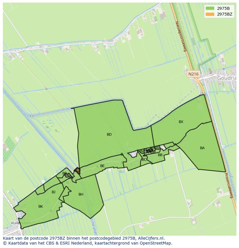 Afbeelding van het postcodegebied 2975 BZ op de kaart.