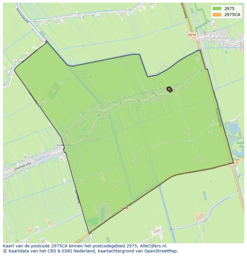 Afbeelding van het postcodegebied 2975 CA op de kaart.