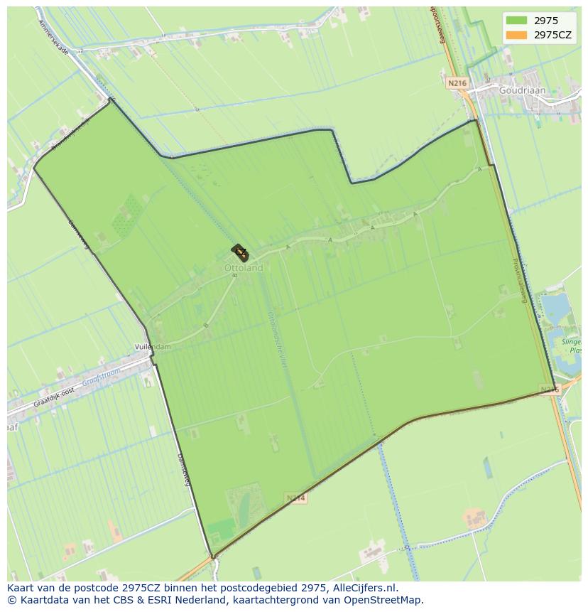 Afbeelding van het postcodegebied 2975 CZ op de kaart.