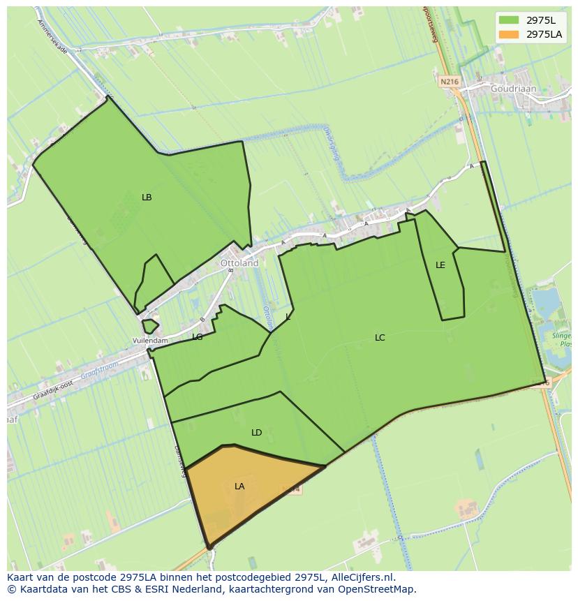 Afbeelding van het postcodegebied 2975 LA op de kaart.