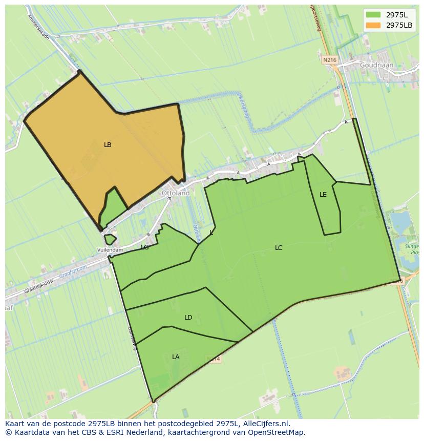 Afbeelding van het postcodegebied 2975 LB op de kaart.