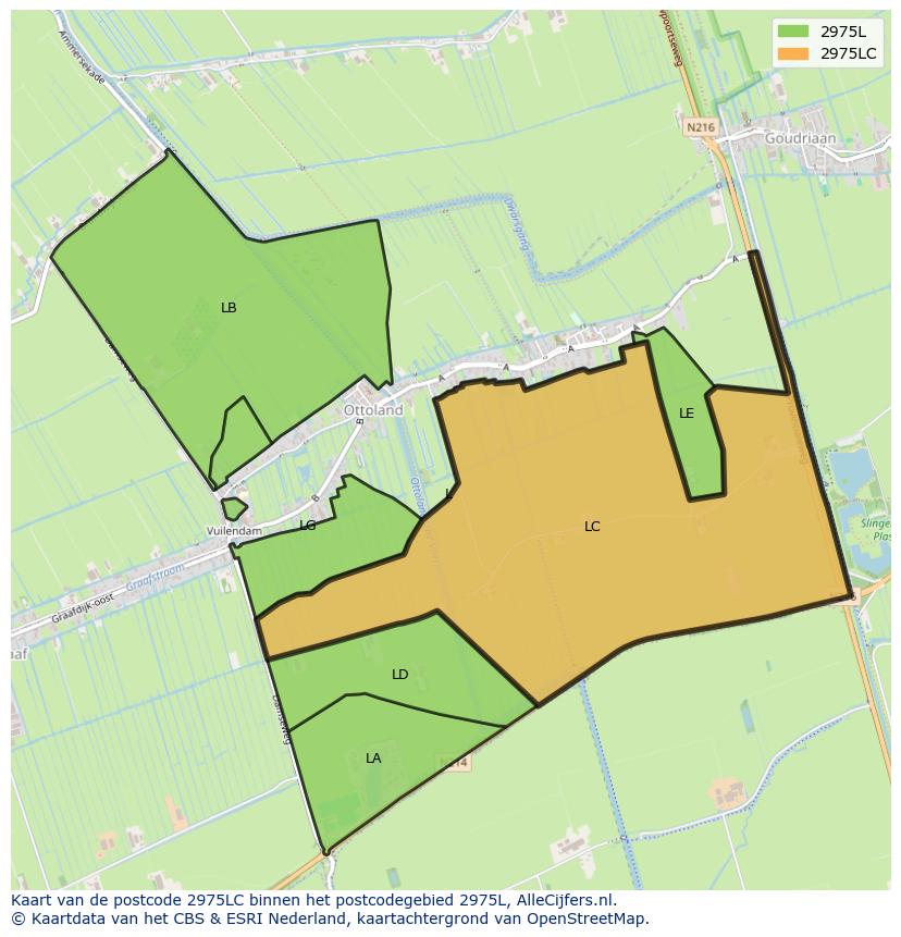Afbeelding van het postcodegebied 2975 LC op de kaart.