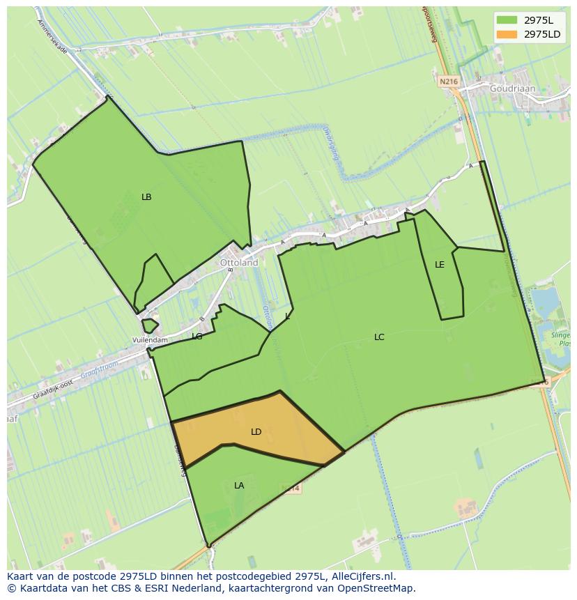 Afbeelding van het postcodegebied 2975 LD op de kaart.