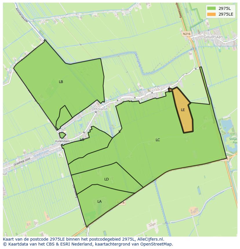 Afbeelding van het postcodegebied 2975 LE op de kaart.