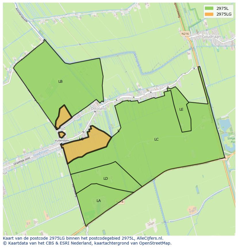 Afbeelding van het postcodegebied 2975 LG op de kaart.
