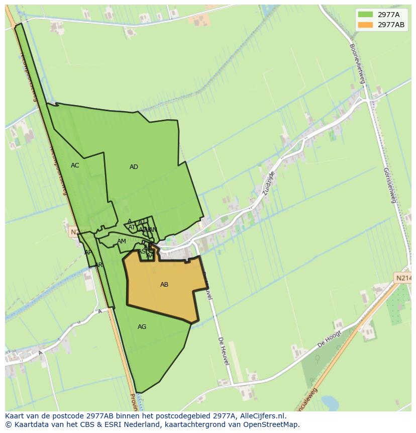 Afbeelding van het postcodegebied 2977 AB op de kaart.