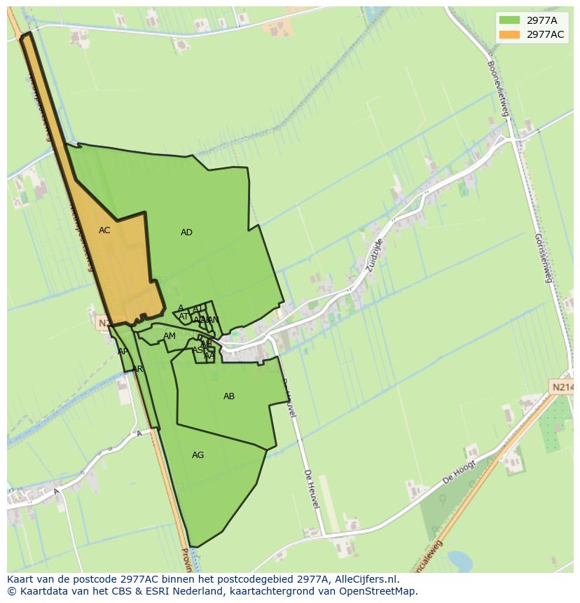 Afbeelding van het postcodegebied 2977 AC op de kaart.