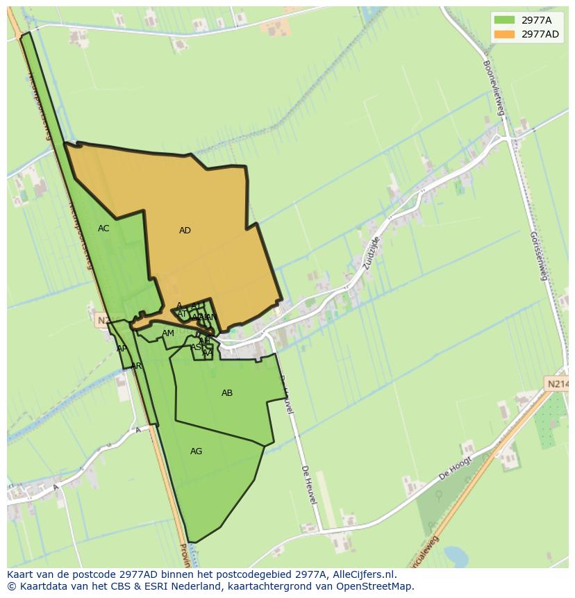 Afbeelding van het postcodegebied 2977 AD op de kaart.