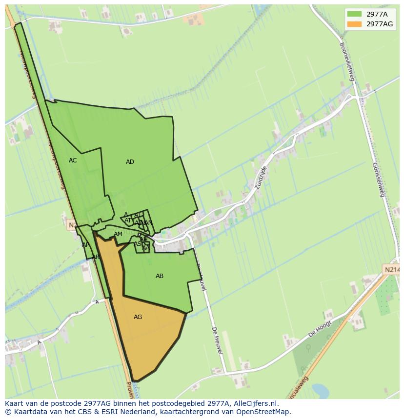 Afbeelding van het postcodegebied 2977 AG op de kaart.