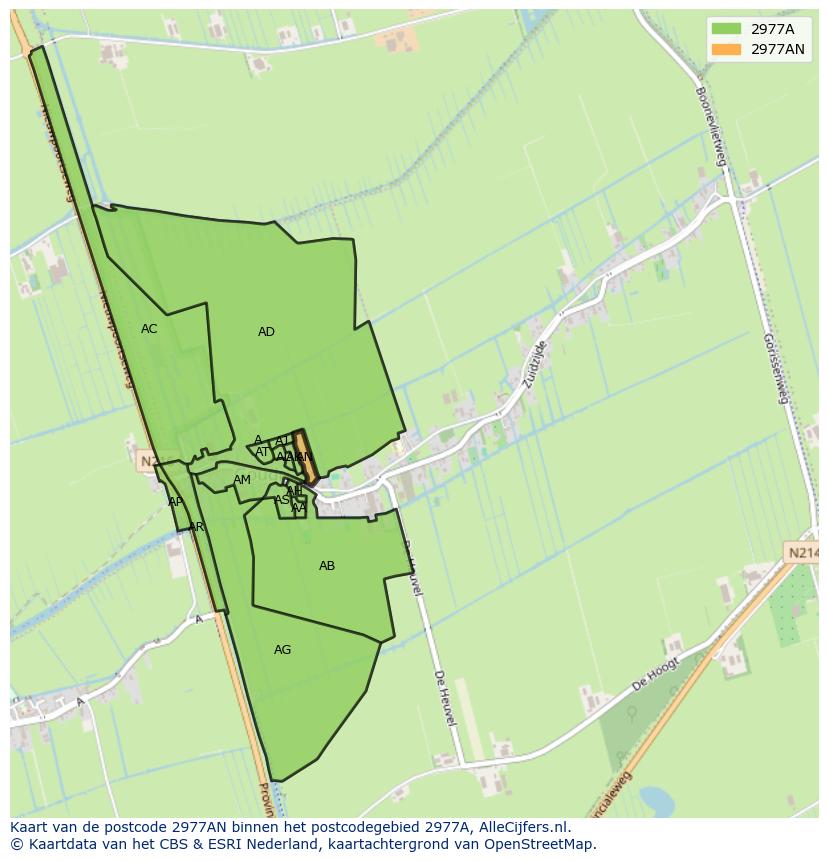 Afbeelding van het postcodegebied 2977 AN op de kaart.