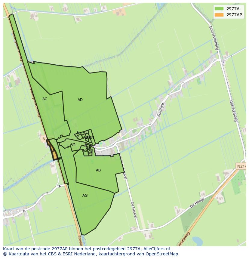 Afbeelding van het postcodegebied 2977 AP op de kaart.