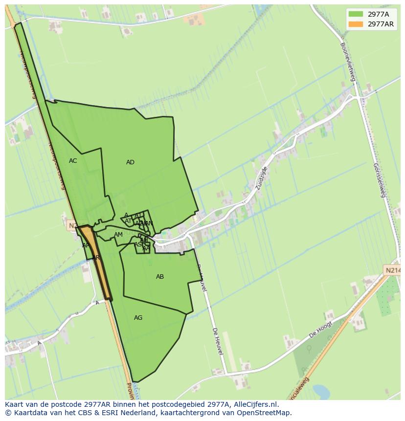 Afbeelding van het postcodegebied 2977 AR op de kaart.