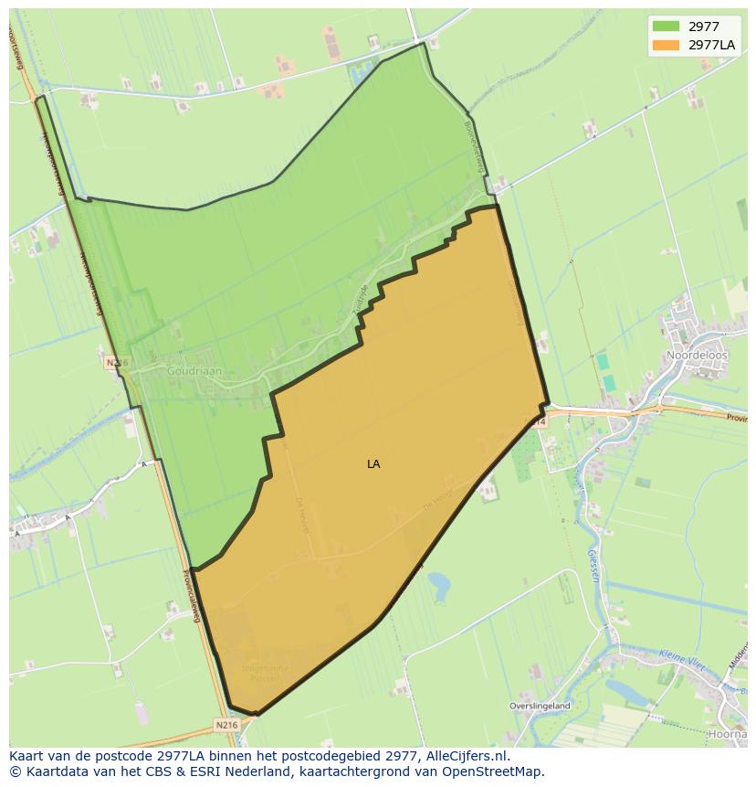 Afbeelding van het postcodegebied 2977 LA op de kaart.