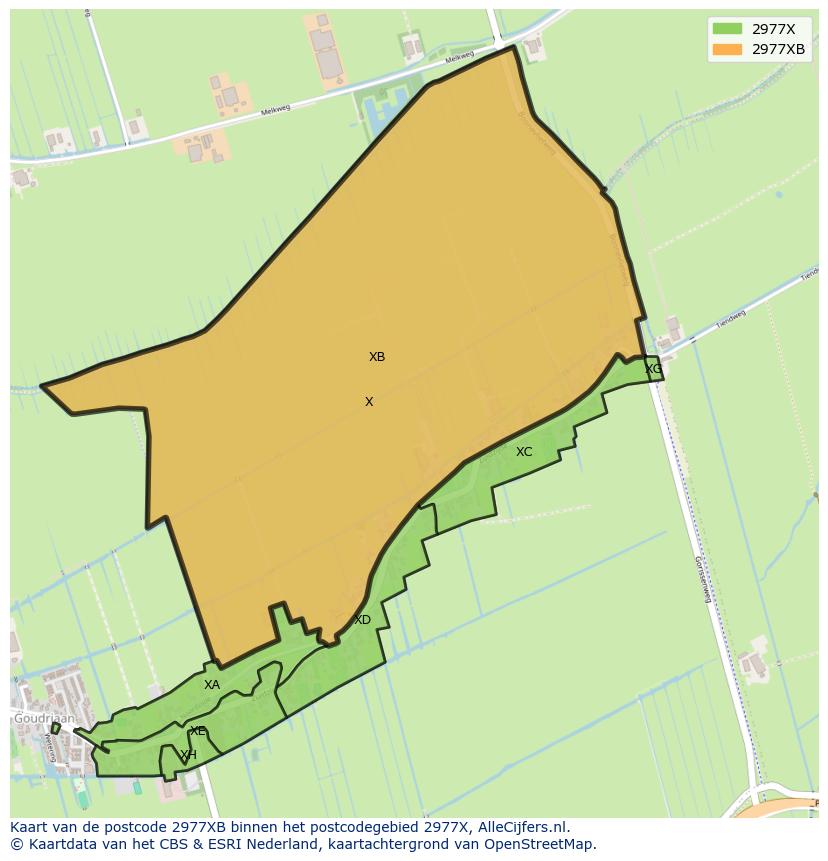 Afbeelding van het postcodegebied 2977 XB op de kaart.