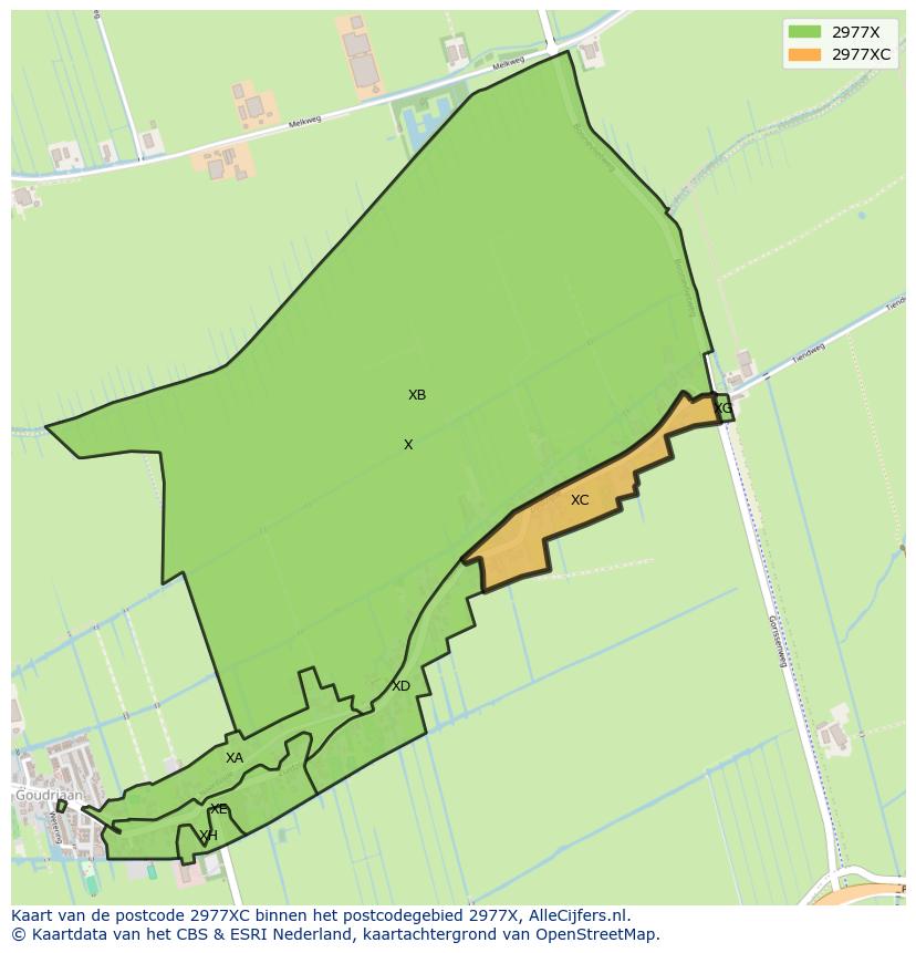 Afbeelding van het postcodegebied 2977 XC op de kaart.