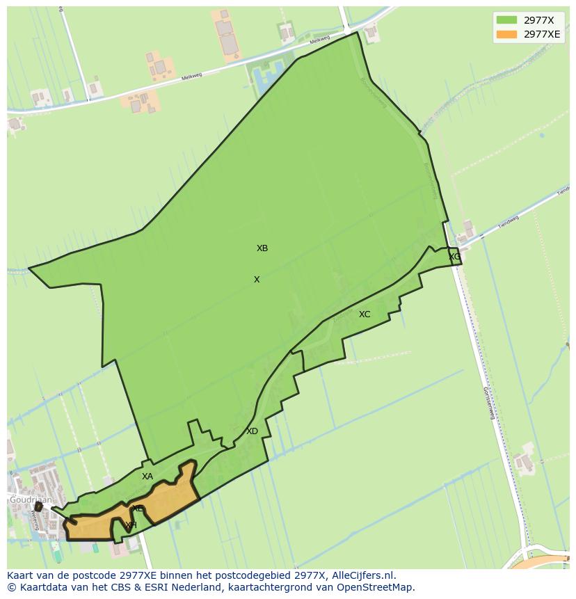 Afbeelding van het postcodegebied 2977 XE op de kaart.