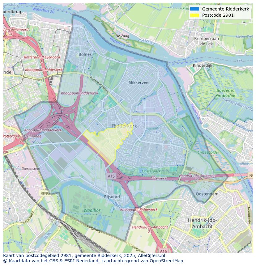 Afbeelding van het postcodegebied 2981 op de kaart.