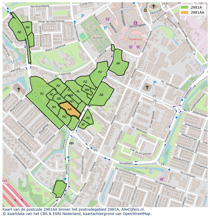 Afbeelding van het postcodegebied 2981 AA op de kaart.