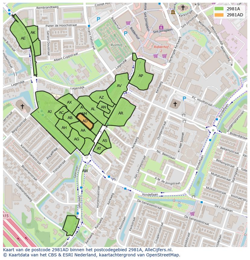 Afbeelding van het postcodegebied 2981 AD op de kaart.