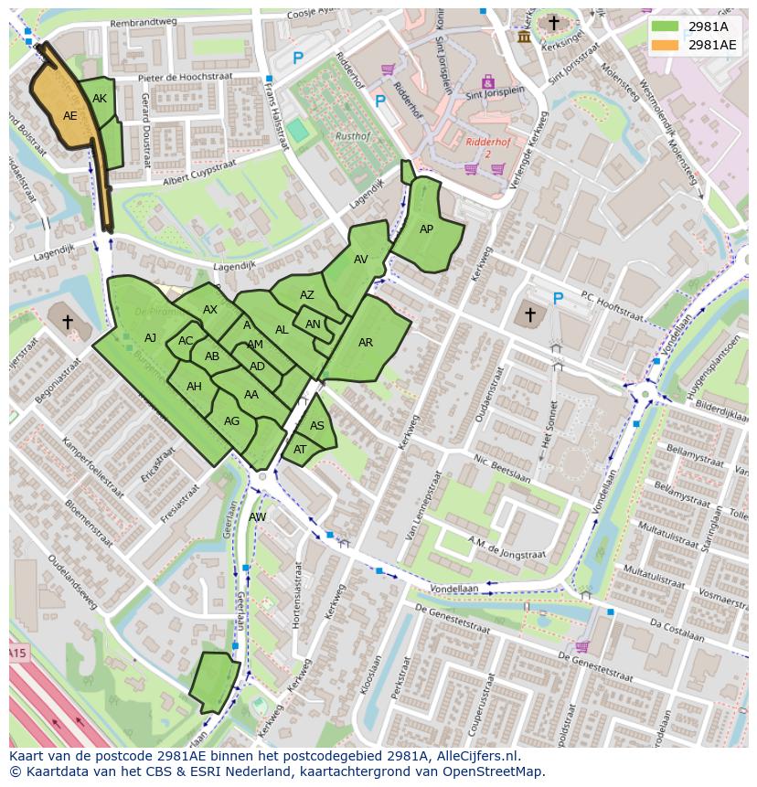 Afbeelding van het postcodegebied 2981 AE op de kaart.
