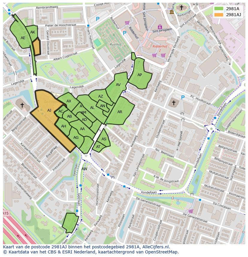 Afbeelding van het postcodegebied 2981 AJ op de kaart.