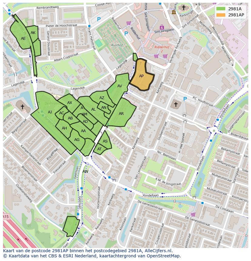 Afbeelding van het postcodegebied 2981 AP op de kaart.