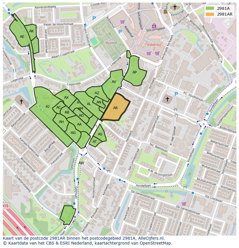 Afbeelding van het postcodegebied 2981 AR op de kaart.
