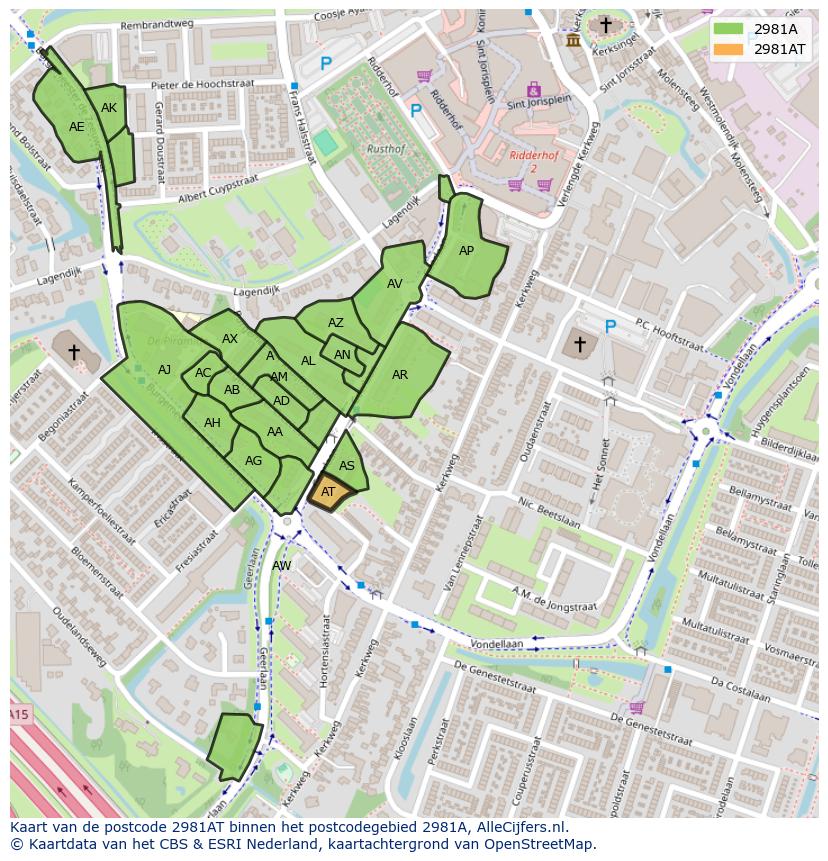 Afbeelding van het postcodegebied 2981 AT op de kaart.