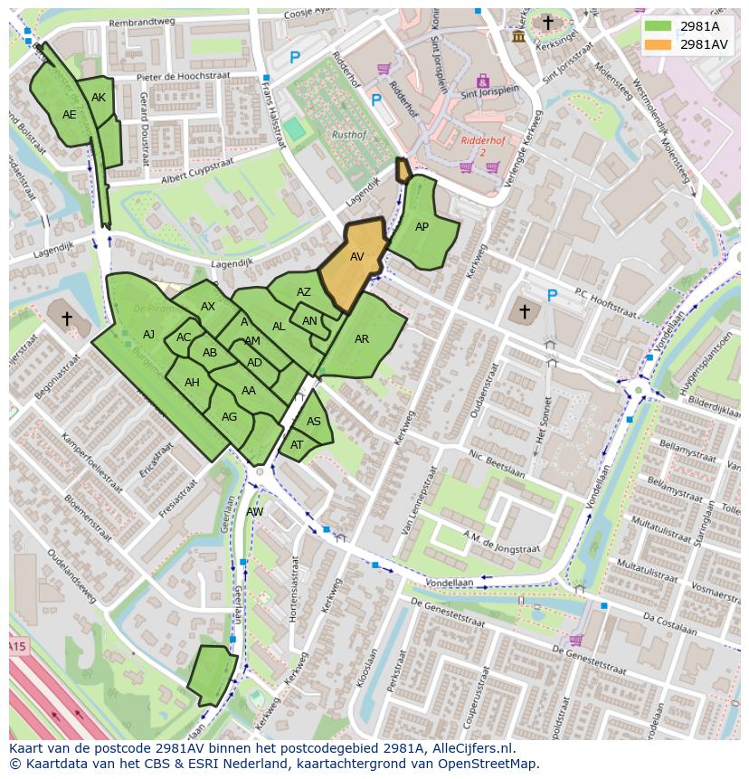 Afbeelding van het postcodegebied 2981 AV op de kaart.