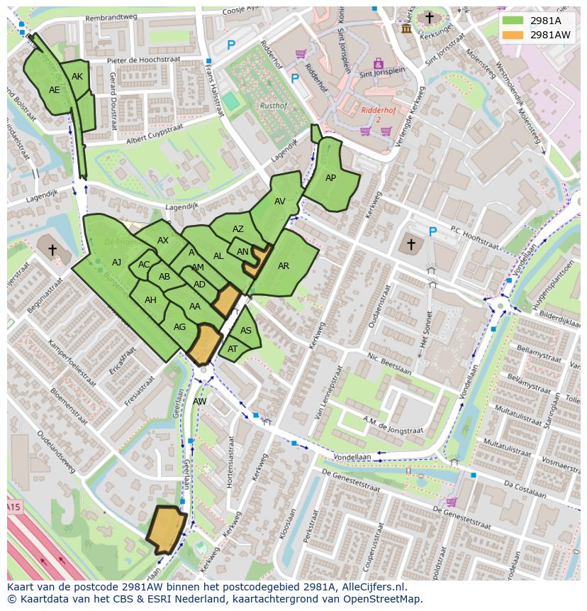 Afbeelding van het postcodegebied 2981 AW op de kaart.