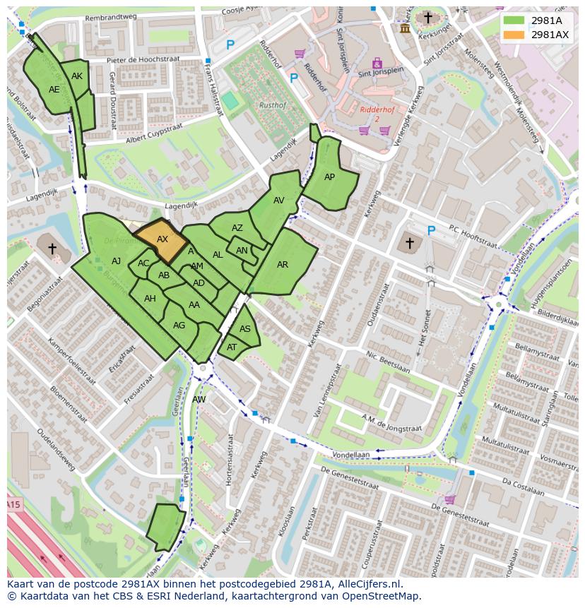 Afbeelding van het postcodegebied 2981 AX op de kaart.