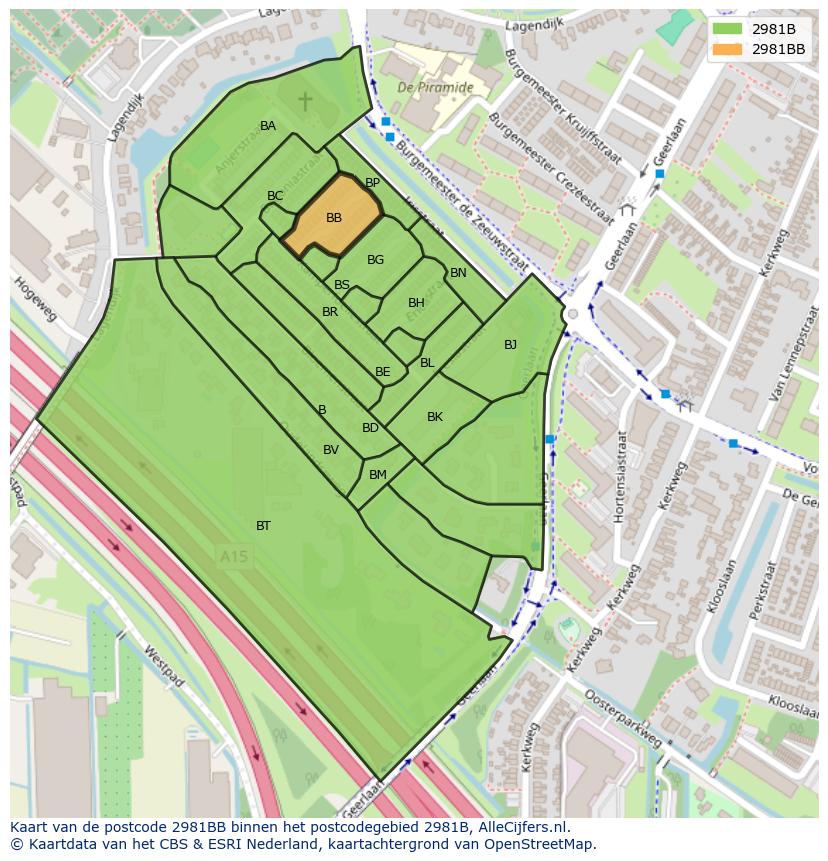 Afbeelding van het postcodegebied 2981 BB op de kaart.