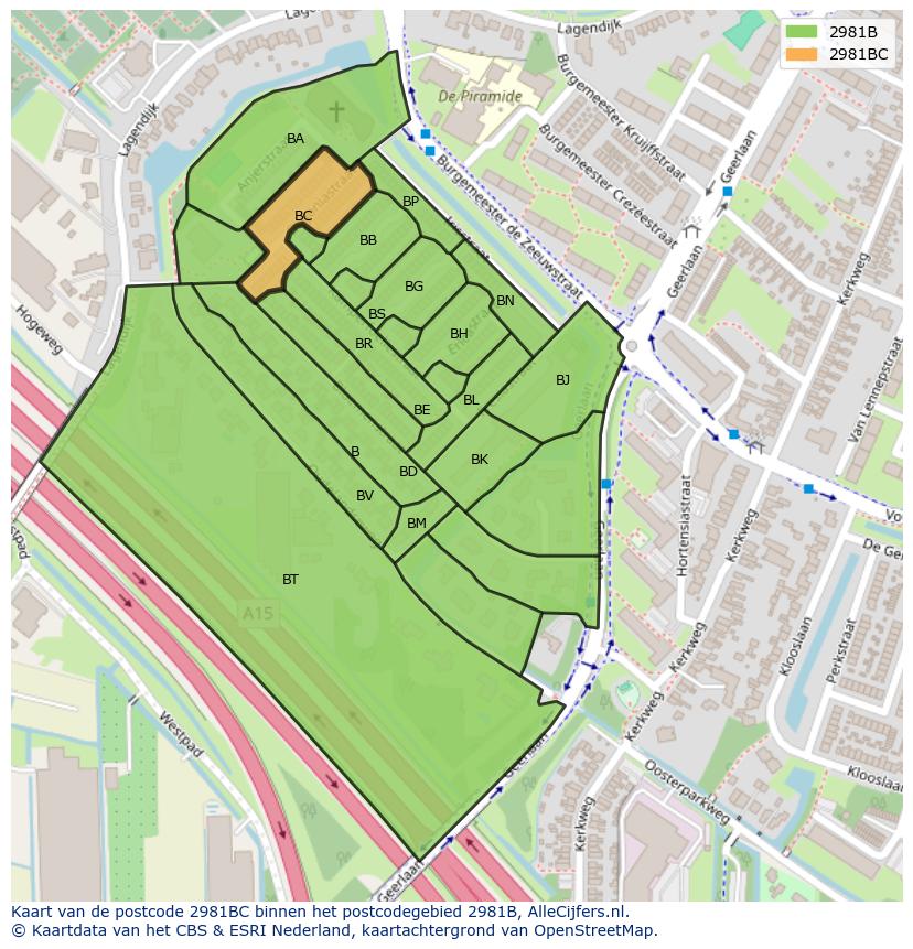 Afbeelding van het postcodegebied 2981 BC op de kaart.