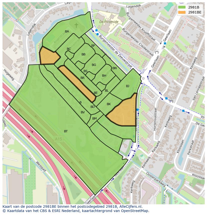 Afbeelding van het postcodegebied 2981 BE op de kaart.