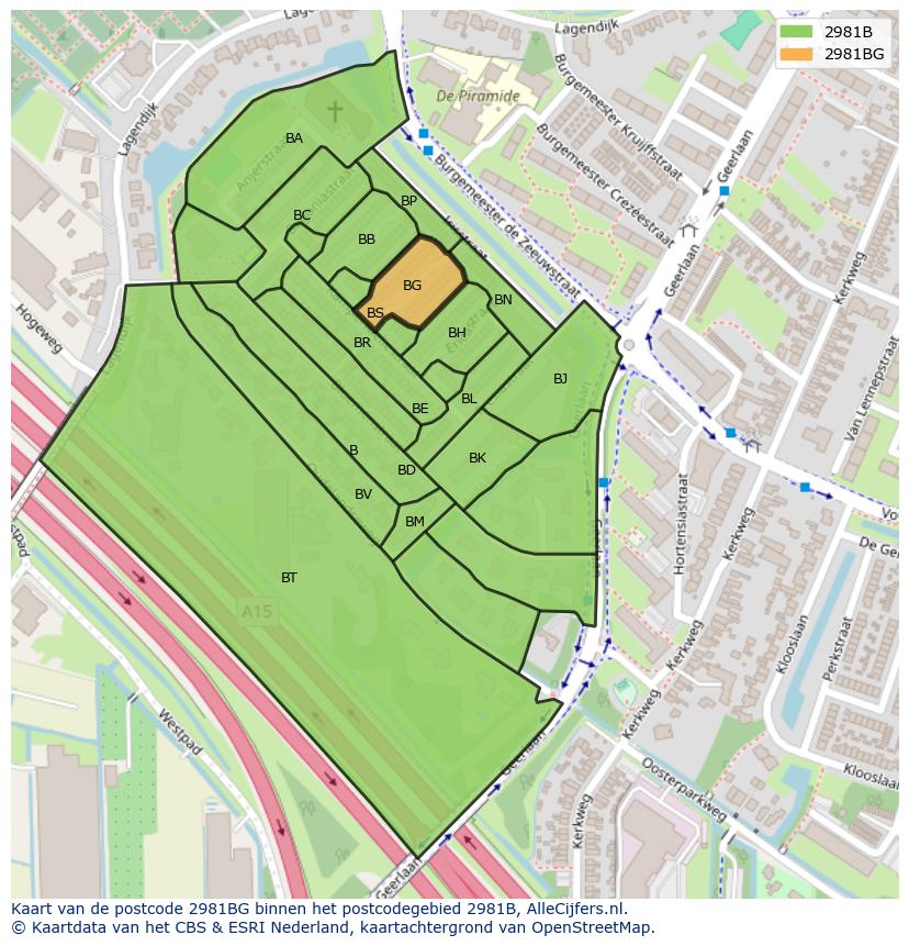 Afbeelding van het postcodegebied 2981 BG op de kaart.