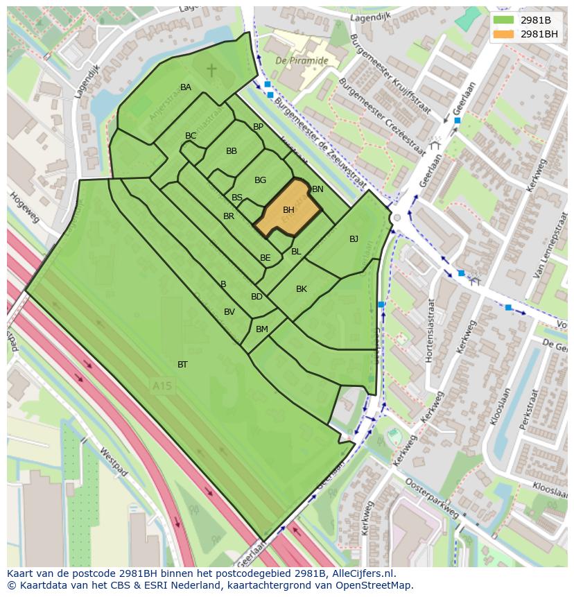 Afbeelding van het postcodegebied 2981 BH op de kaart.